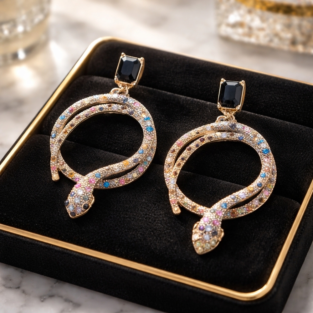 Elegant Snake Design Earrings with Black and Purple Accents